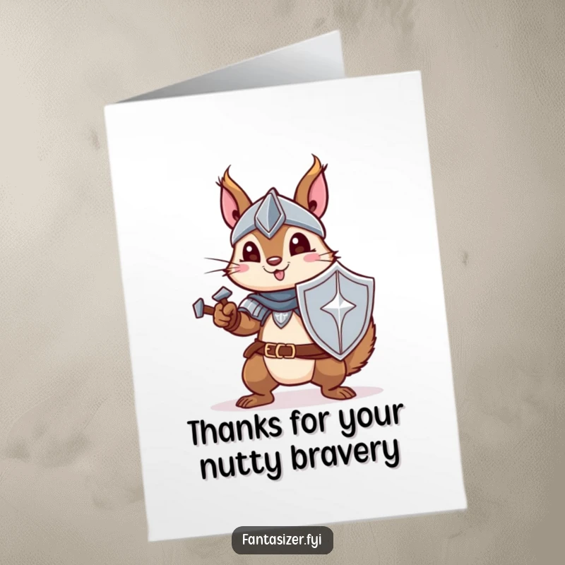 Funny Free Printable Thank You Card: A squirrel knight in full armor offers a humble bow, expressing thanks with a cute and funny demeanor.