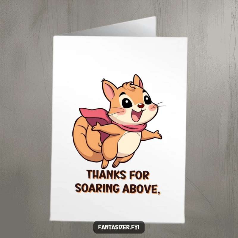 Funny Free Printable Squirrel Thank You Card: A caped squirrel flies with excitement, a heroic downloadable to express thanks.