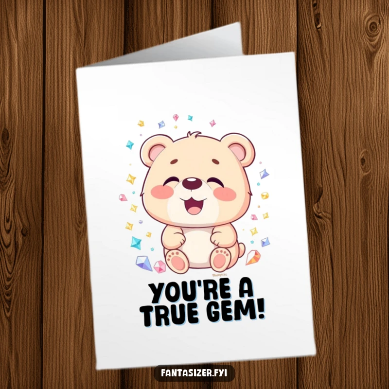 Funny Free Printable Thank You Card: Delighted bear with an open mouth, mesmerized by a world of shiny gemstones.
