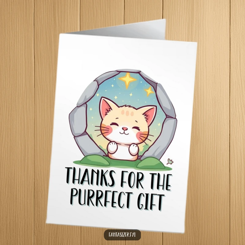 Funny Free Printable Thank You Card: Cat character gazing through a portal at dazzling, starry cosmic scenes.