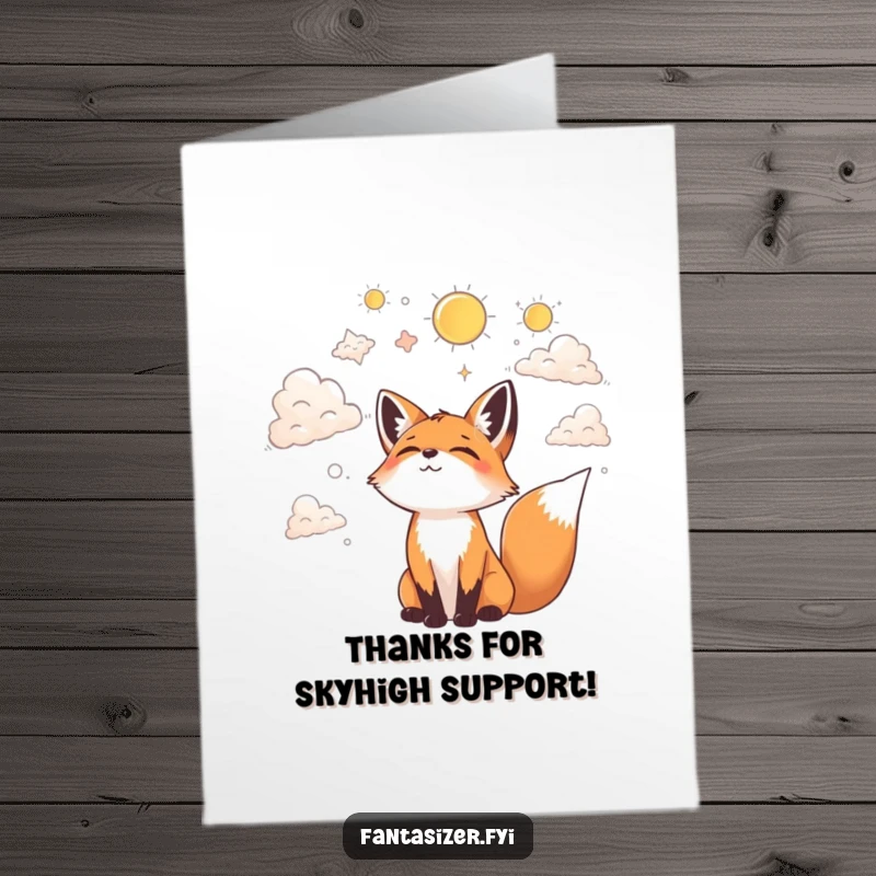 Funny Free Printable Thank You Card showing a joyful fox looking at clouds, imagining fantastical shapes, conveying thanks.