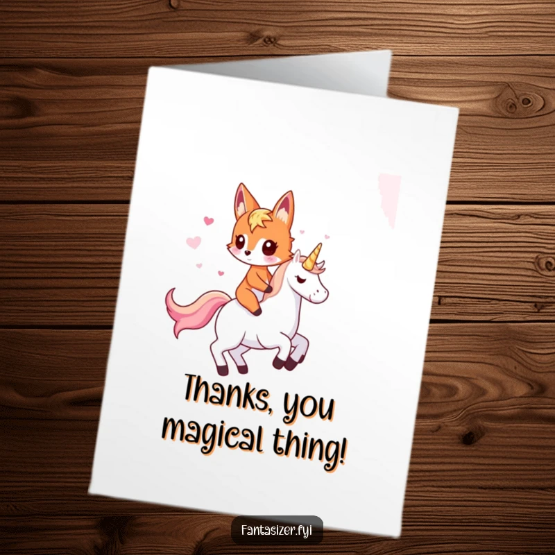 Funny Free Printable Thank You Card: Imaginative fox rides unicorn, magical journey, perfect downloadable gift.