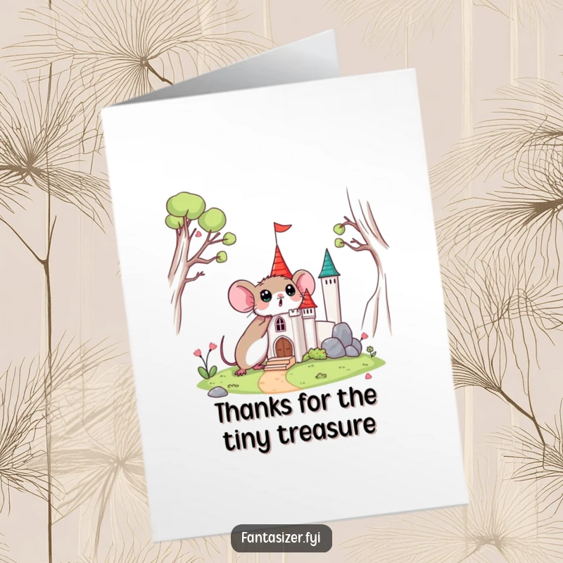 Funny Free Printable Thank You Card: A surprised mouse discovers a miniature castle with gratitude.