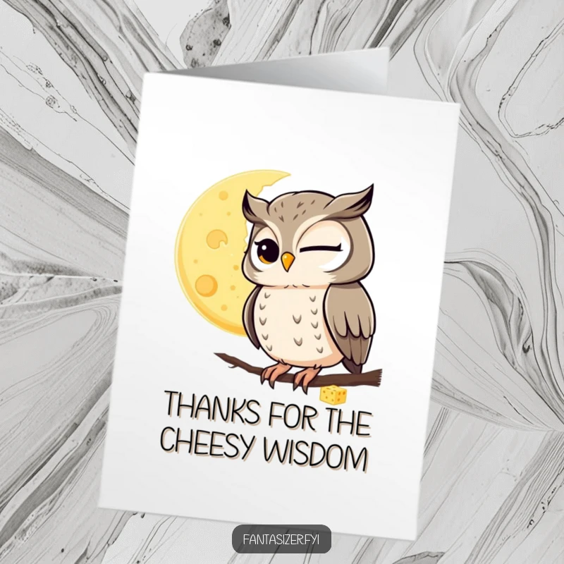 Funny Free Printable Thank You Card: A winking owl looks at a moon made of cheese with thanks.