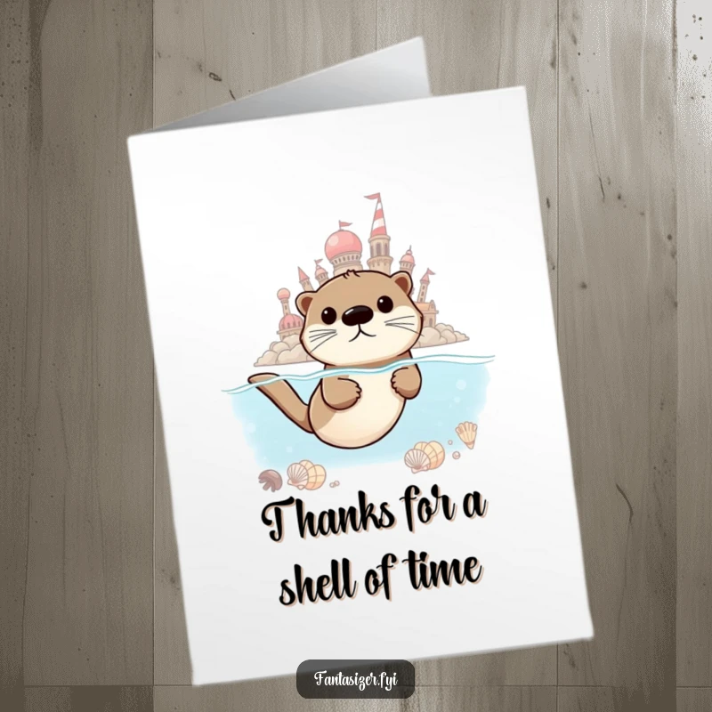Funny Free Printable Thank You Card: A determined otter swims towards a seashell city, conveying thanks for ambitious help.