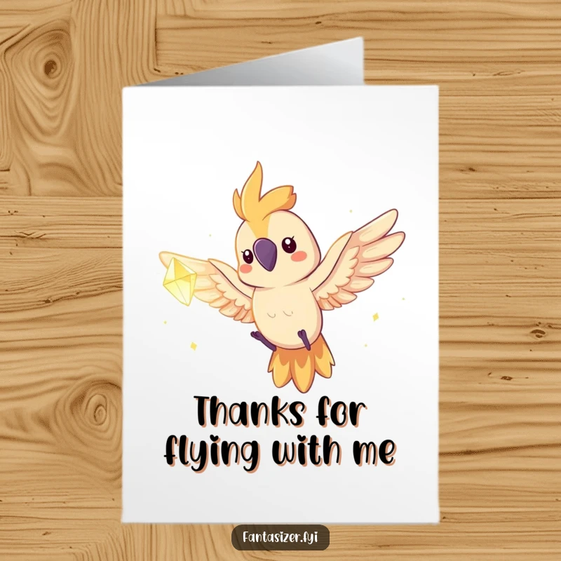 Funny Free Printable Thank You Card: Colorful parrot character flying with determination towards a glowing dream crystal.
