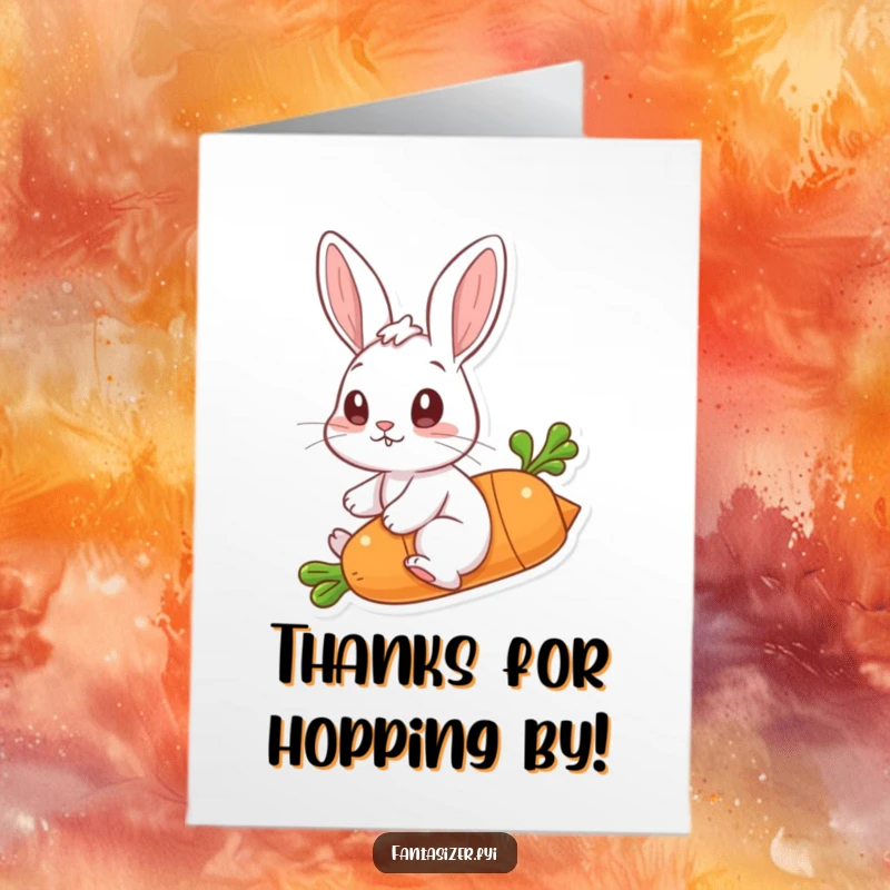 Funny Free Printable Thank You Card: A rabbit joyfully rides a flying carrot, symbolizing a fun thank you.