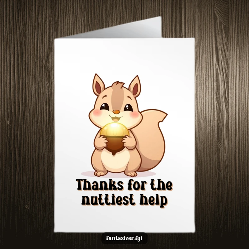 Funny Free Printable Thank You Card: A cheerful squirrel holds a softly glowing magical acorn, offering heartfelt gratitude.