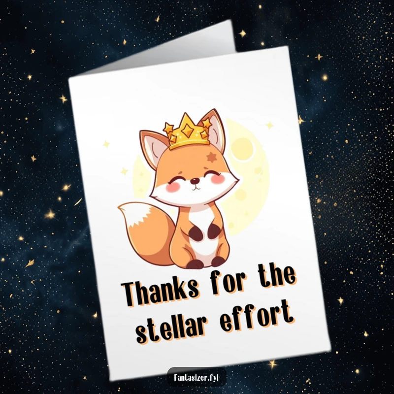 Funny Free Printable Thank You Card: Happy fox with a crown of stars gazes at a distant glowing planet, thanking them humorously.