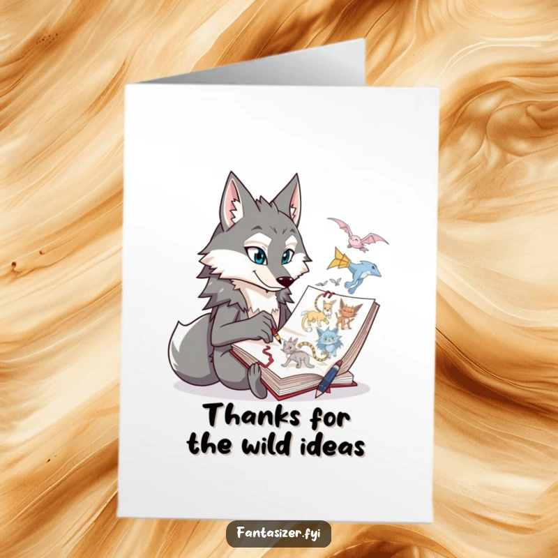 Funny Free Printable Thank You Card: Wolf character engrossed in sketching a fantastical creature in a large notebook.