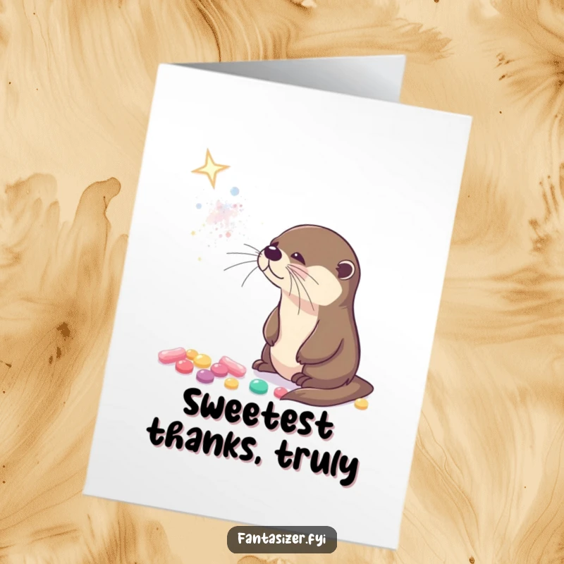 Funny free printable thank you card with a curious otter gazing at a sparkling candy galaxy, expressing gratitude with wonder.