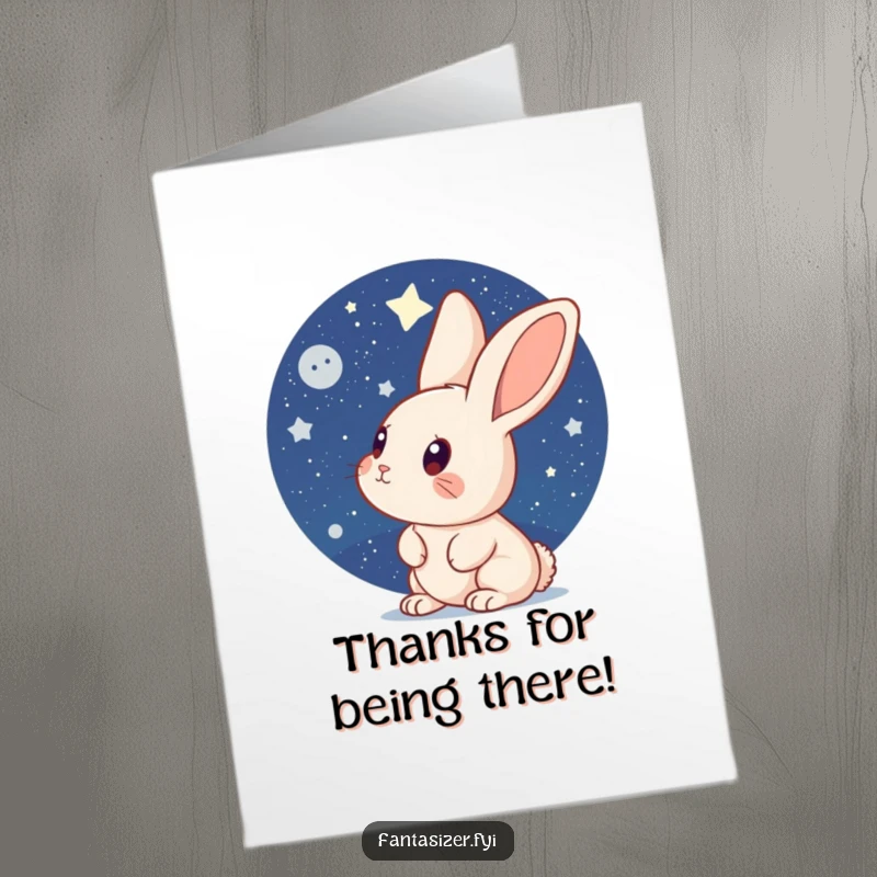 Funny Free Printable Thank You Card: A curious rabbit looks up at the starry sky, symbolizing gratitude.