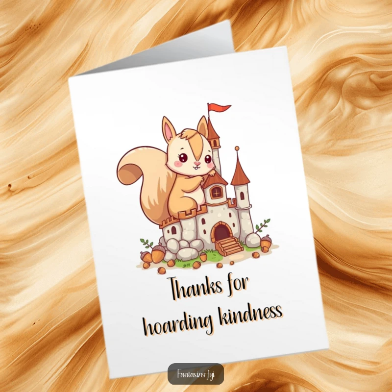 Funny Free Printable Thank You Card featuring an imaginative squirrel building a fantastical castle from acorns, perfect for expressing thanks.