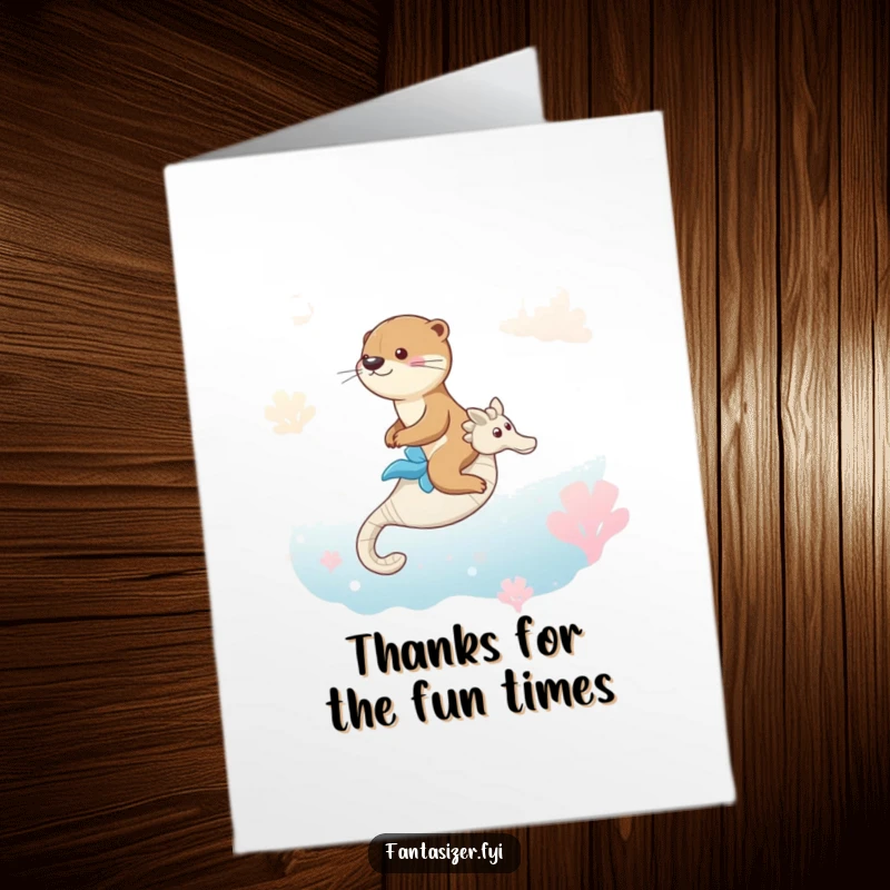 Funny Free Printable Thank You Card: Playful otter riding seahorse in a dreamlike ocean, expressing thanks.