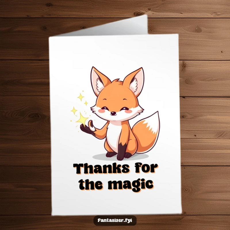 Funny Free Printable Thank You Card featuring a creative fox conjuring sparkling magical effects, perfect for expressing sincere appreciation.