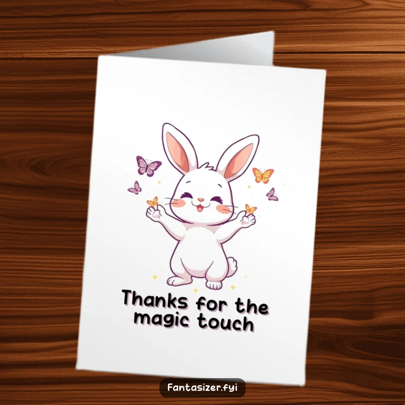 Funny Free Printable Thank You Card: Playful rabbit conjures shimmering butterflies from its outstretched paws, showing thanks with magic.