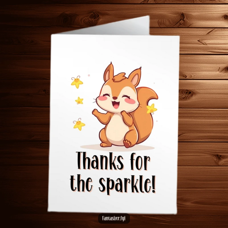 Funny Free Printable Thank You Card: Gleeful squirrel plays with fireflies, magical encounter, perfect downloadable gift.