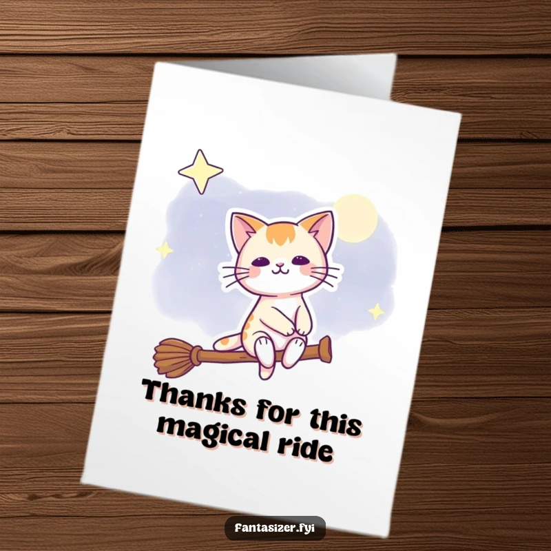 Funny Free Printable Thank You Card: A smiling cat in a witch hat waves from a broomstick, sending thanks through the night sky.