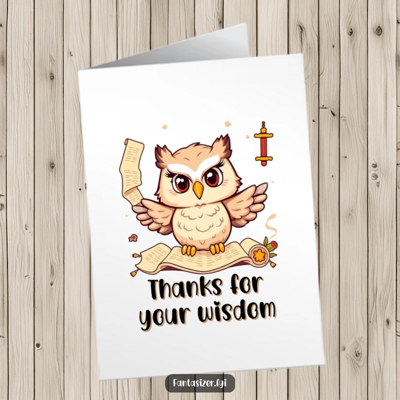 Funny Free Printable Thank You Card featuring a wise owl perched on a stack of ancient scrolls.