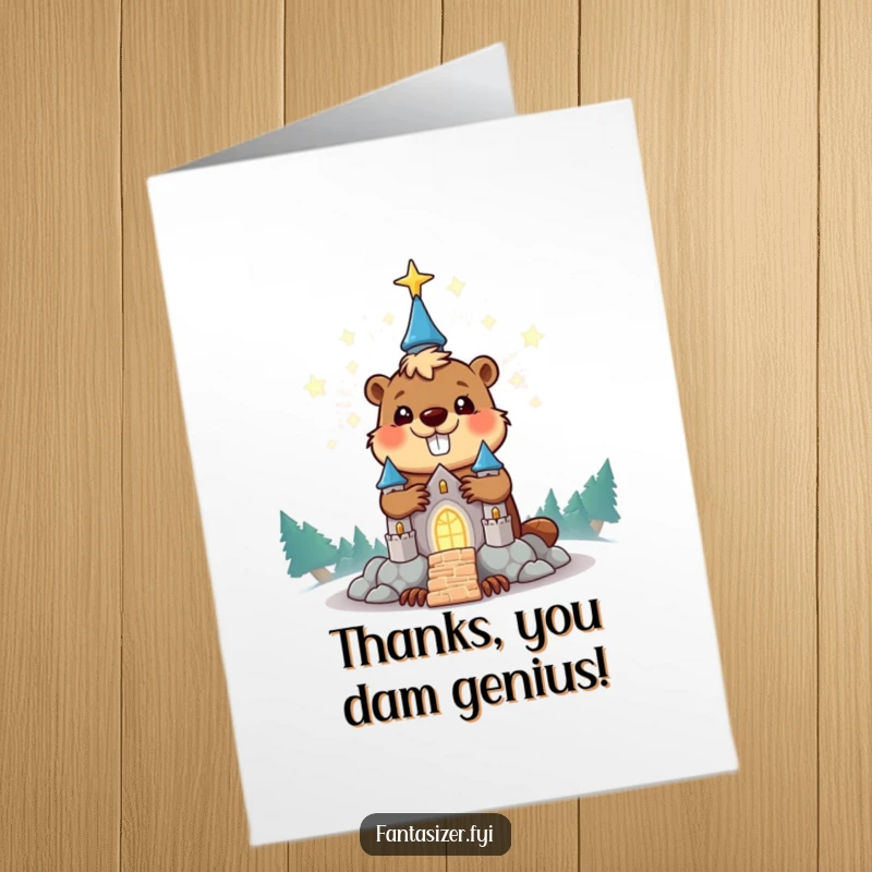 Funny Free Printable Thank You Card with a beaver constructing a glowing stardust castle, expressing gratitude with cosmic flair.