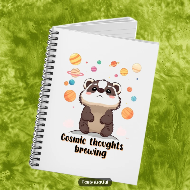Funny notebook featuring a whimsical badger looking up at a sky filled with colorful planets, perfect for capturing creative thoughts.