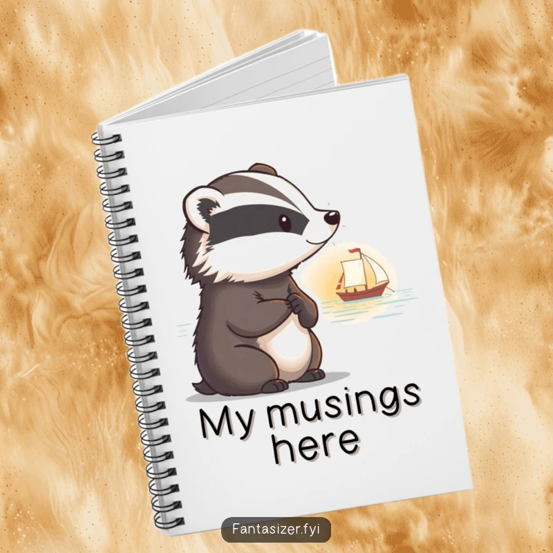 Funny notebook with a thoughtful badger and a faraway look, watching a boat sail into a sunset.