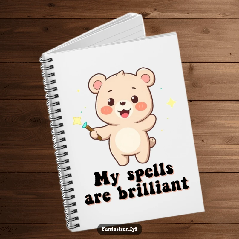 Funny notebook with a happy bear character holding a magic wand, surrounded by dancing lights, perfect for magical notes.