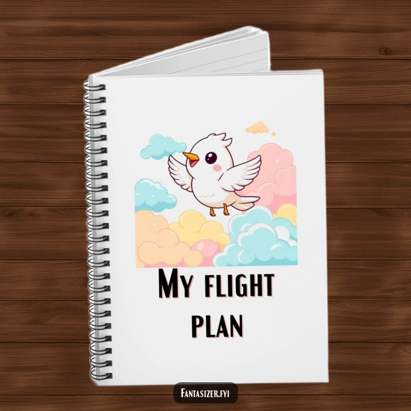 Funny notebook with a cover showing a delighted bird character soaring among whimsical, colorful clouds, inspiring creative thoughts.