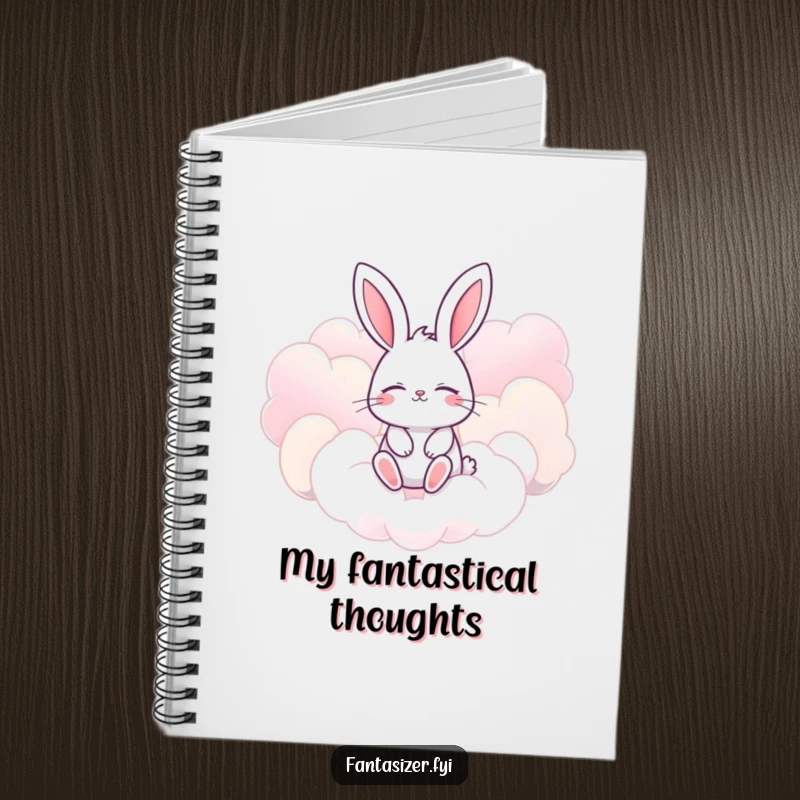 Funny bunny notebook with eyes closed, imagining floating amongst giant, candy-colored clouds, for jotting down sweet thoughts.