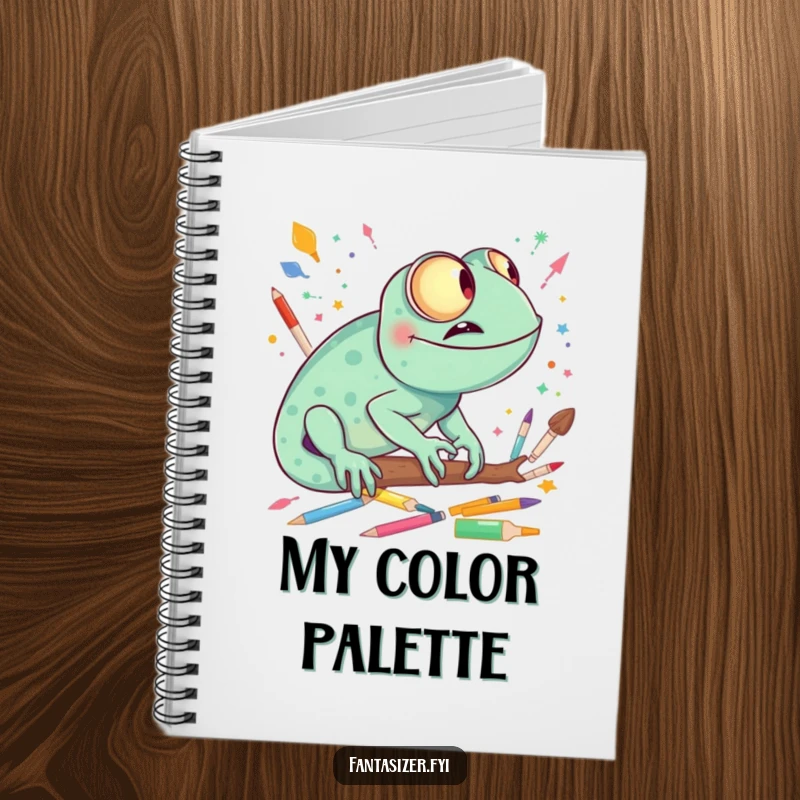 Funny giggling chameleon imagining a world made of colorful art supplies, perfect for sketching and notes.