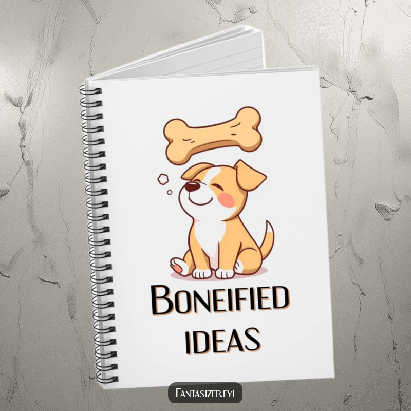 Funny notebook cover with a happy dog dreaming of a giant bone, perfect for jotting down happy ideas.