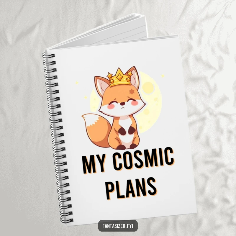 Funny lined notebook featuring a happy fox character wearing a star crown, gazing at a distant glowing planet, perfect for notes and ideas.