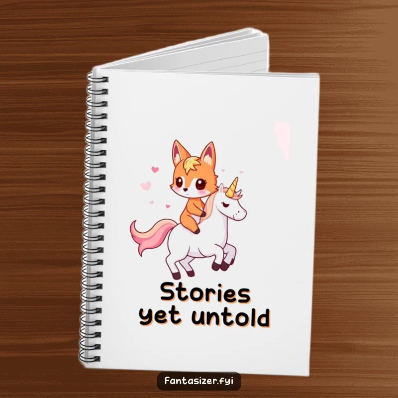 Funny fox notebook showing an imaginative fox riding a unicorn, perfect for jotting down magical ideas.