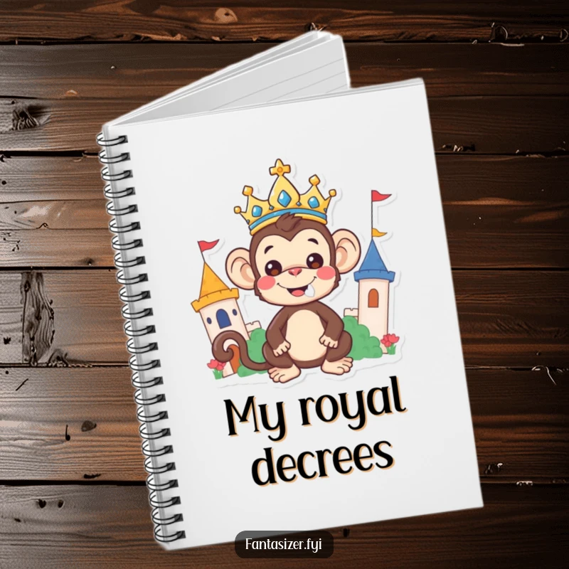 Funny Monkey Notebook: A joyful monkey wearing a crown writes decrees in a whimsical kingdom, perfect for capturing ideas.