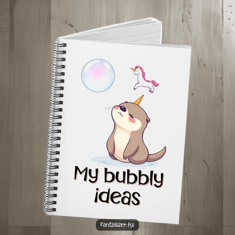 Funny notebook with a happy otter gazing at a soap bubble unicorn, ideal for writing, drawing, and capturing dreamy thoughts.