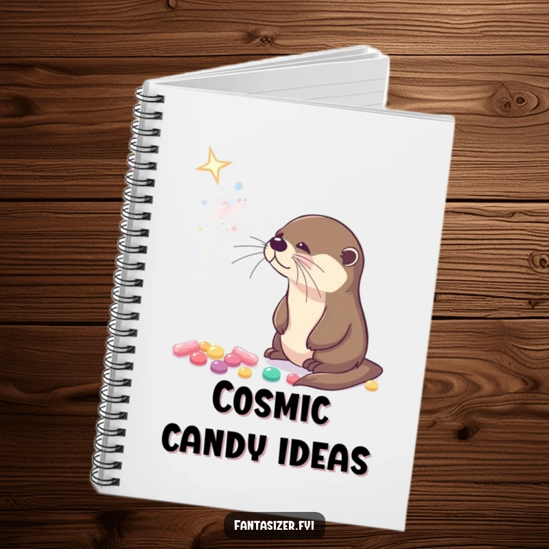 Funny notebook cover with a curious otter gazing at a galaxy made of tiny, glowing candies.