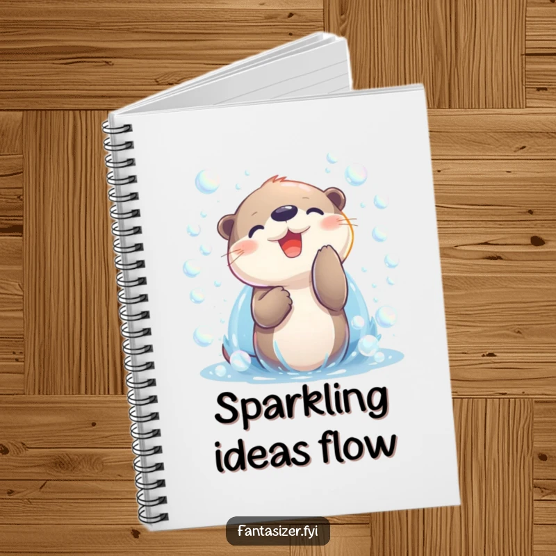 Funny otter character playing with bubbles on a notebook, inspiring creative thoughts and joyful writing.