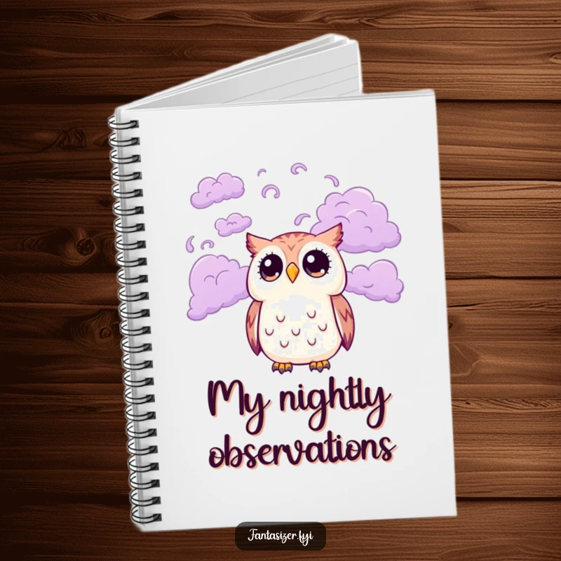 Funny lined notebook featuring a cute owl character with wide eyes looking up at a sky filled with swirling purple clouds, perfect for notes and ideas.