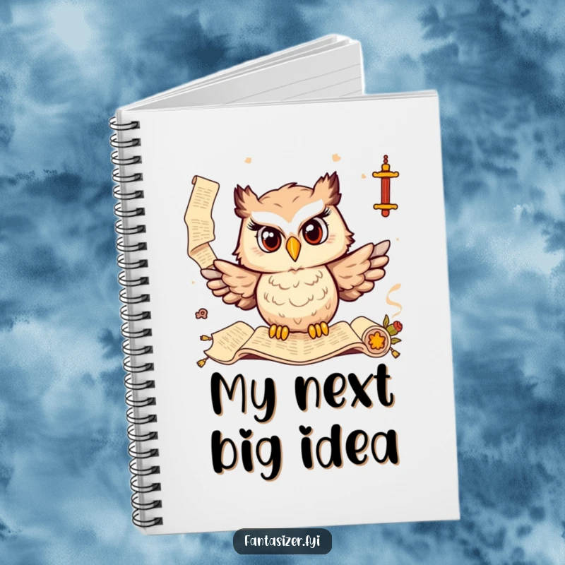 Funny notebook with a delighted owl and ancient scrolls, ideal for capturing wise thoughts and creative ideas.