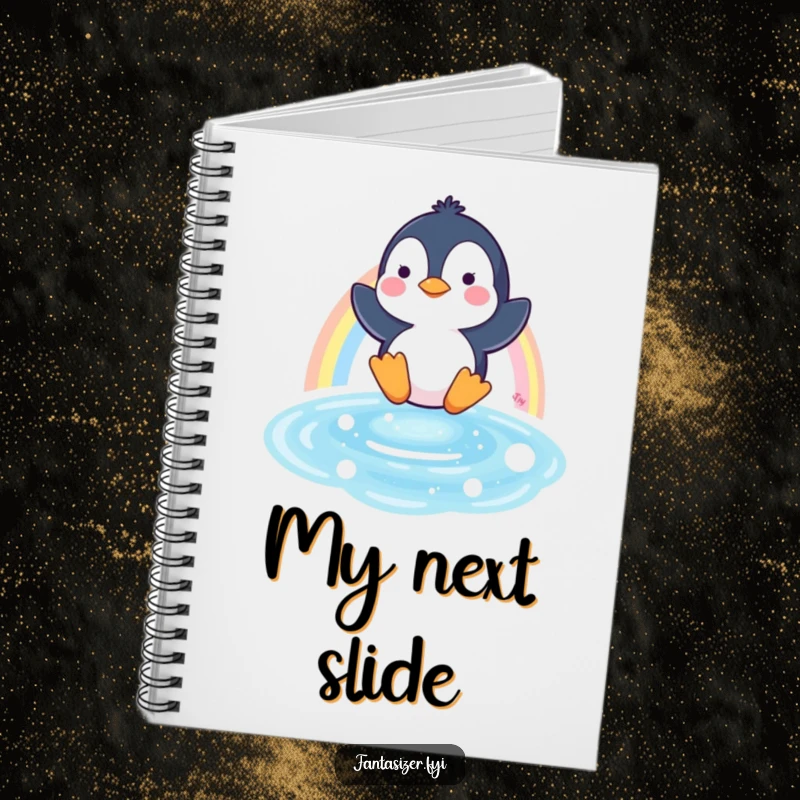 Funny notebook cover illustrating a cheerful penguin sliding down a rainbow, inspiring creative writing and note-taking.