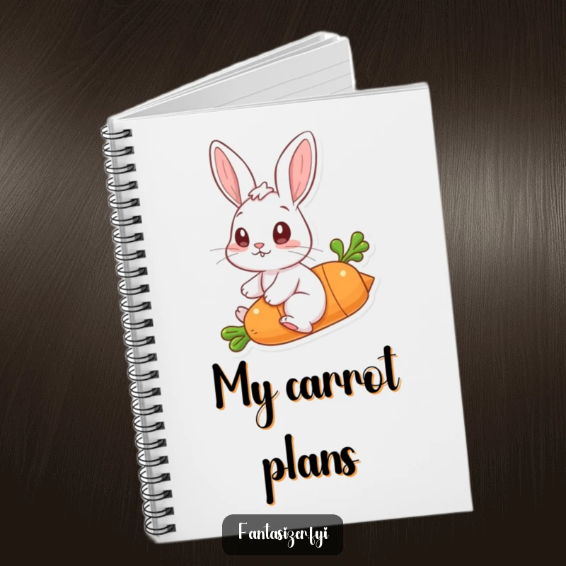 Funny notebook with a rabbit riding a flying carrot, ideal for writing, drawing, and capturing playful adventures.