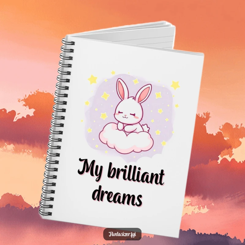 Funny notebook with a dreaming rabbit floating on a cloud filled with stars, perfect for jotting down thoughts and dreams.