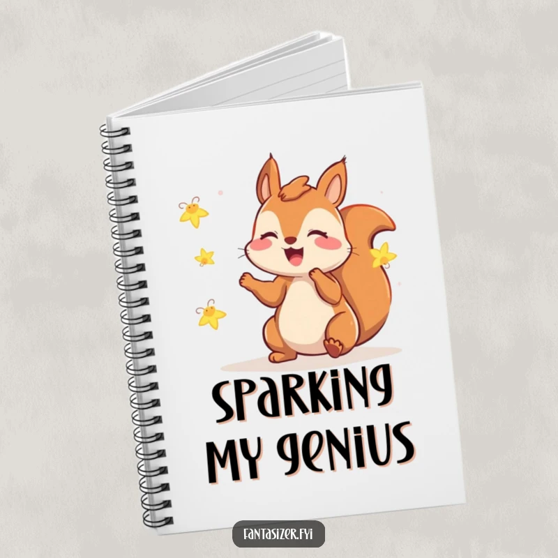 Funny squirrel notebook showing a gleeful squirrel playing with fireflies, perfect for jotting down magical ideas.