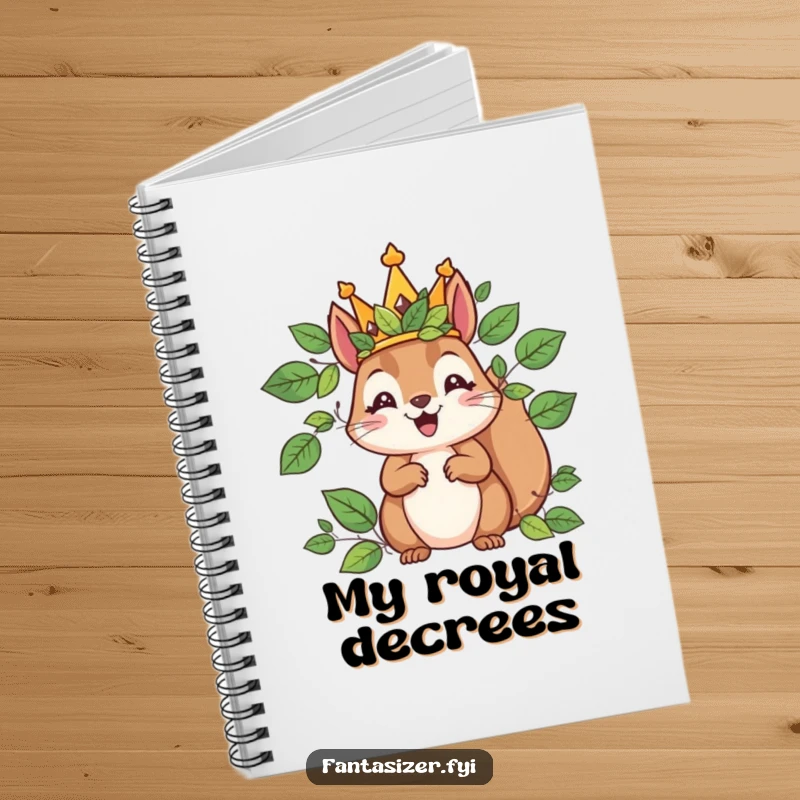Funny notebook with a delighted squirrel king wearing a leaf crown, ideal for writing, planning, and ruling.
