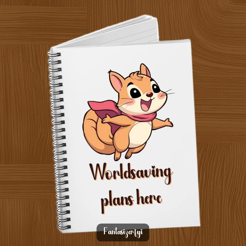 Funny squirrel superhero notebook featuring an excited squirrel in a cape flying, ideal for planning heroic missions and jotting down notes.