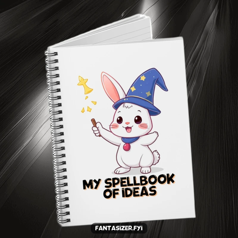 Funny notebook with a triumphant rabbit in a wizard hat casting a spell, perfect for enchanted notes.