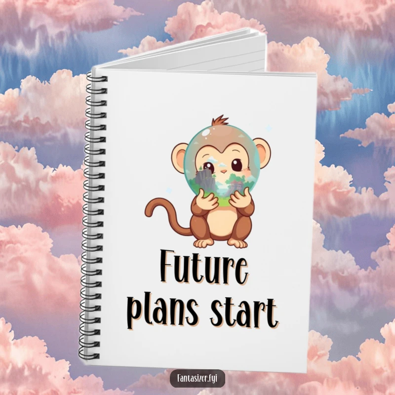 Funny Monkey Notebook: Curious primate with a crystal ball revealing a fantasy world, inspiring creative writing and funny ideas.