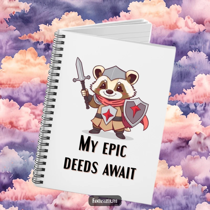 Funny notebook with a determined badger knight on the cover, ready to record heroic tales and daily thoughts.
