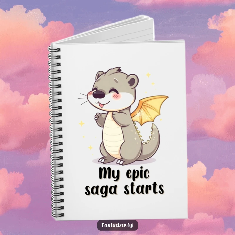 Funny otter dragon notebook showing a playful otter transforming into a sparkling, shimmering dragon, perfect for journaling adventures.