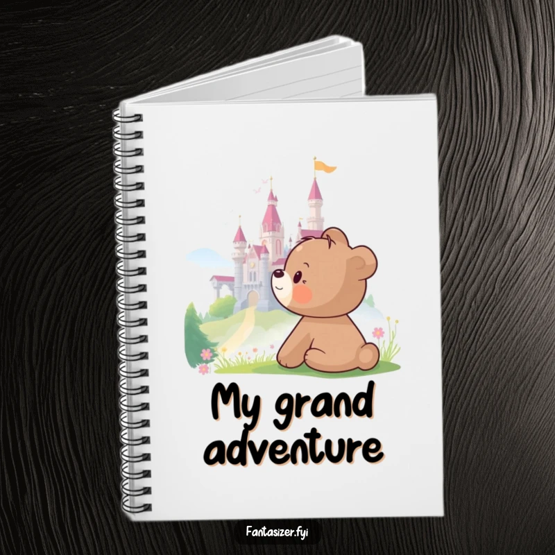 Funny Bear Notebook with a bear cub gazing at a castle, ideal for jotting down humorous dreams and ideas.